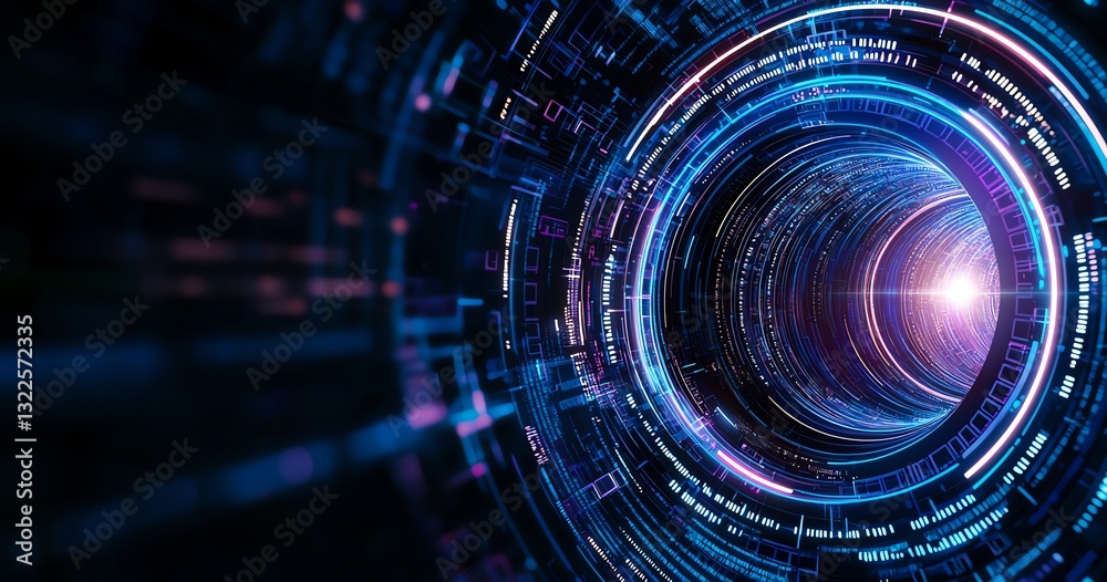 Obraz premium A mesmerizing view of a futuristic tunnel illuminated by vibrant lights, symbolizing the digital age, technology, and the endless possibilities of innovation and exploration.