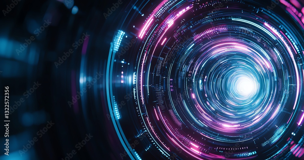 A mesmerizing view into a futuristic tunnel of light and color, showcasing vibrant blue and pink hues that evoke a sense of advanced technology and innovation, perfect for digital