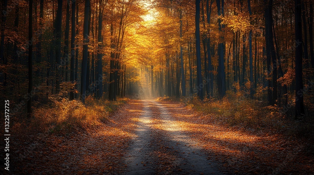 Naklejka premium Sunlit path through autumn forest with golden leaves.