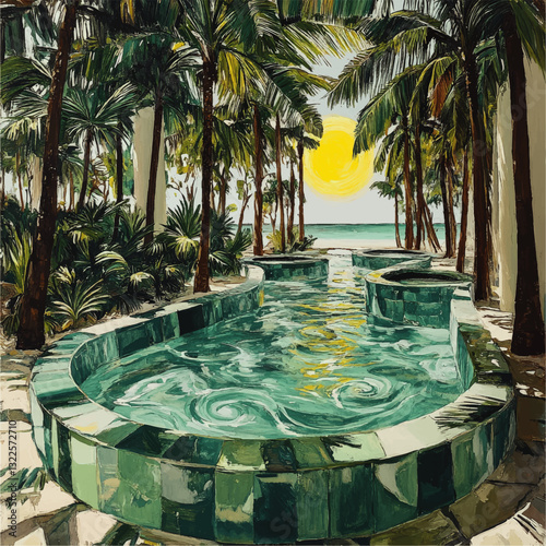 Serene Tropical Oasis with Sparkling Pool Amidst Lush Palm Trees Overlooking Vibrant Beach and Sunlit Ocean Sky - Vector Graphic Art for Relaxation Vibes