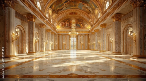 Opulent Hall of Echoes: A grand, palatial interior glistens with golden hues, reflecting the sunlight on marble floors and towering pillars, creating a sense of timeless grandeur.