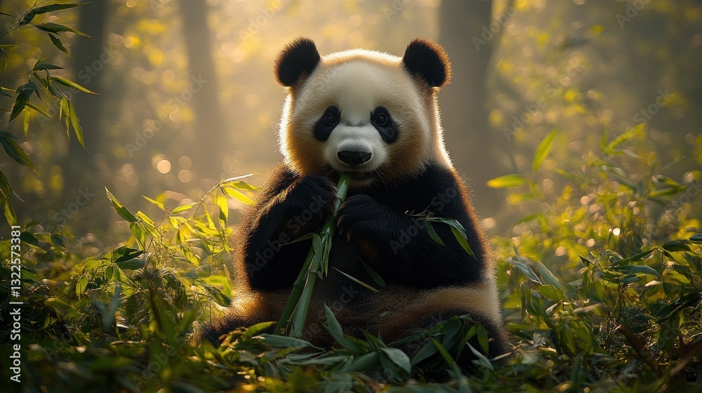 Obraz premium Adorable giant panda sitting amidst bamboo, enjoying a meal in a sun-dappled forest.