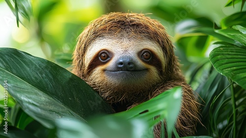 An endearing sloth with a gentle grin and bright eyes, enveloped in dense green foliage, signifies peace, serenity, and a profound connection to nature