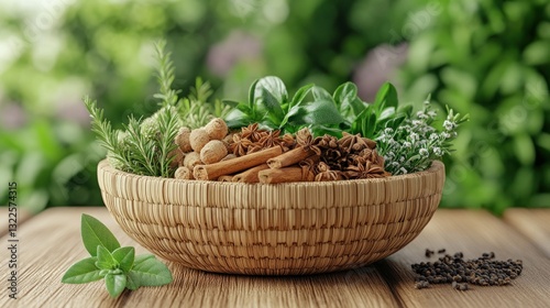 Assorted herbs and spices in a woven bowl outdoors
