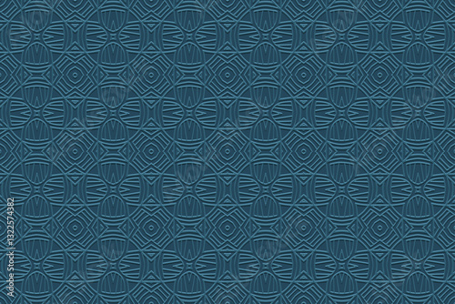 Geometric blue background, tribal elegant cover design, banner. 3D pattern, embossing, relief texture. Ornaments, arabesques, mandala of the East, Asia, India, Mexico, Aztec, Peru. Ethnic composition. photo