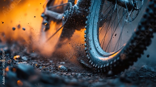 Close-up of mountain bike wheel spinning, kicking up dirt and dust in dramatic sunset light.
