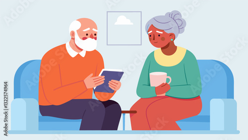 A husband and wife in their golden years sit across from each other tissues in hand as they openly communicate their struggles and fears in therapy.. Vector illustration