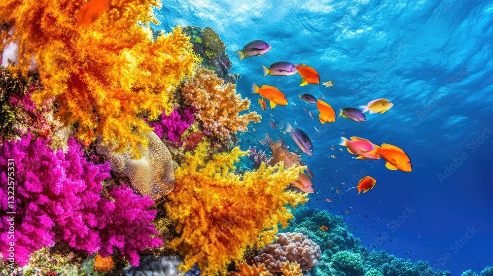 Naklejka premium A bright and colorful coral reef with clear blue water and a variety of sea life, surrounded by healthy coral, vibrant and beautiful, with copy space.