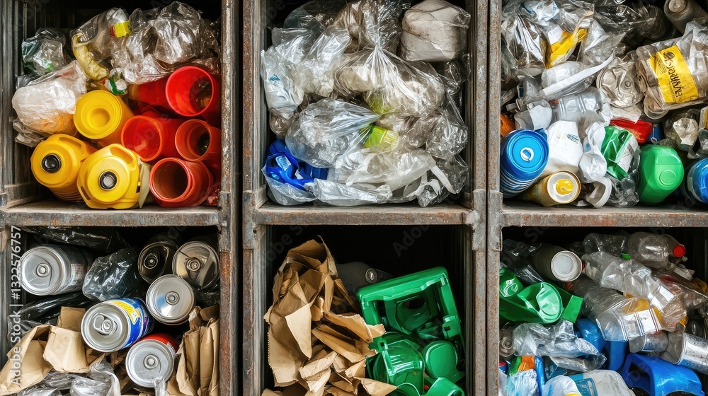 A close-up of eco-friendly recycling containers with a variety of recyclable items like plastic, cans, and paper stacked inside.