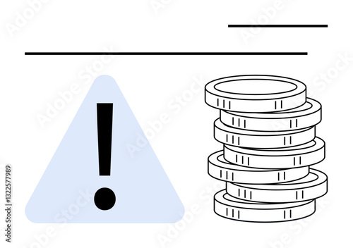 Warning triangle with exclamation mark beside coin stack illustrating financial risk, caution, errors, penalties, or alerts. Ideal for finance, savings, investment, debt economy budget flat simple