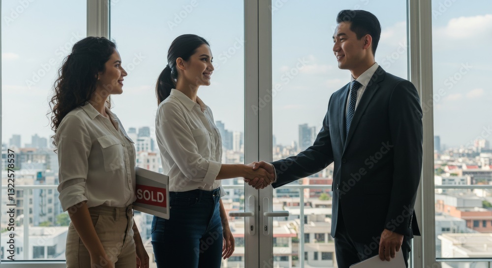 Three professionals celebrate a successful sale as they shake hands behind a backdrop of towering office buildings, overlooking a bustling cityscape. Three professionals celebrate a successful sale as they shake hands behind a backdrop of towering office buildings, overlooking a bustling cityscape.