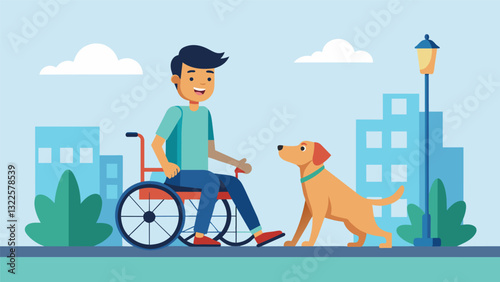 A man in a wheelchair rolls down the street his eyes bright and a smile on his face as he takes his service dog for a walk.. Vector illustration
