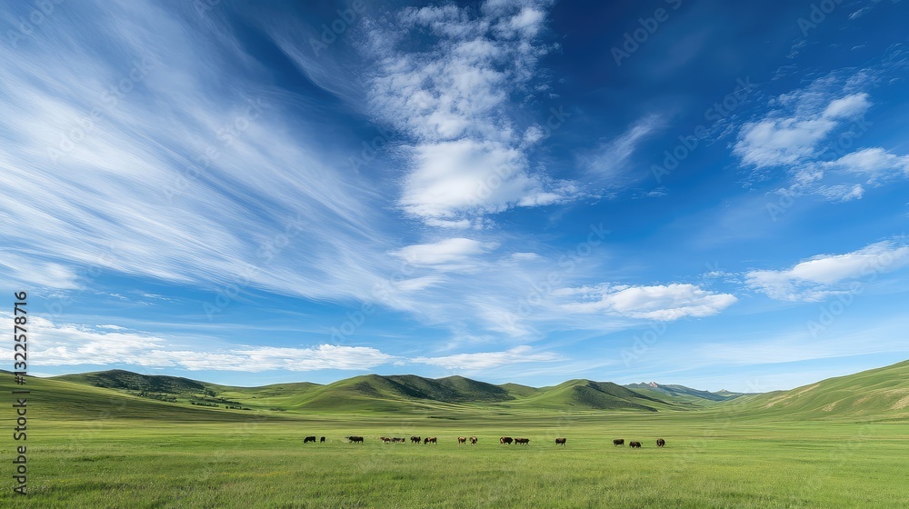 A green pasture with grazing animals and rolling hills in the background, with a blue sky and scattered clouds above, peaceful and idyllic, with copy space. A green pasture with grazing animals and rolling hills in the background, with a blue sky and scattered clouds above, peaceful and idyllic, with copy space.