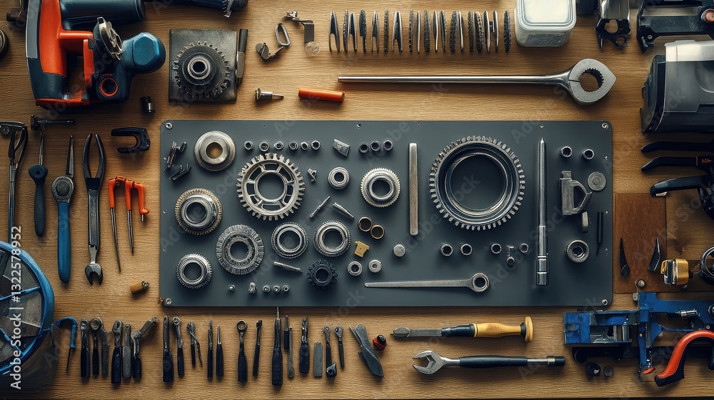A mechanic's tools and parts of a broken gear system arranged neatly on a workbench, with clear space for the repair process. A mechanic's tools and parts of a broken gear system arranged neatly on a workbench, with clear space for the repair process.