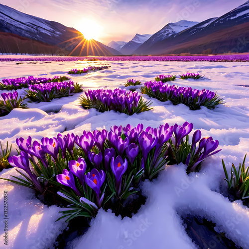 Purple crocuses bloom through melting snow under a warm sunrise, symbolizing renewal and hope.  