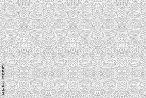 Geometric white background, tribal cover design, banner. Lace 3D pattern. Embossing, relief texture. Ornaments, arabesques, mandala of the East, Asia, India, Mexico, Aztec, Peru. Ethnic composition.