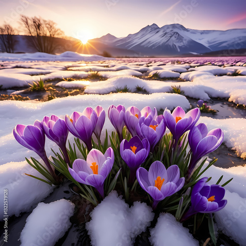 Purple crocuses bloom through melting snow under a warm sunrise, symbolizing renewal and hope.  