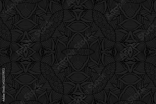 Geometric black background, tribal cover design, banner. Openwork 3D pattern. Embossing, relief texture. Ornaments, arabesques, mandala of the East, Asia, India, Mexico, Aztec. Ethnic composition.