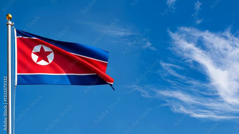 national flag of north korea waving on the wind, banner in the blue sky
