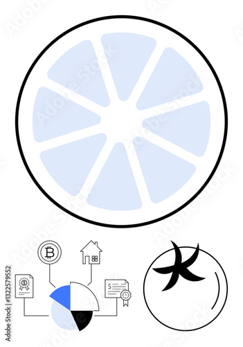 Circular segmented diagram, financial icons with cryptocurrency, housing, and certification, pie chart with connectivity elements. Ideal for finance, economy, analytics, blockchain education