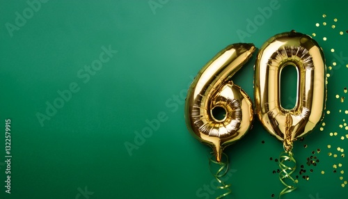 Banner with number 60 balloons on green background with copy space. Generated image