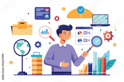 Data analysis concept in modern flat cartoon design for web Man and woman analyzing charts on screen monitoring statistic reports brainstorming and make research at meeting Vector illustration