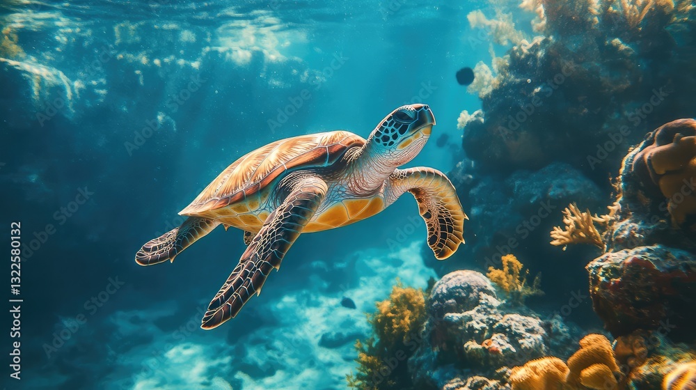 Fototapeta premium A sea turtle swimming in a clear ocean, surrounded by healthy coral, showcasing the beauty of marine life and the need for protection.