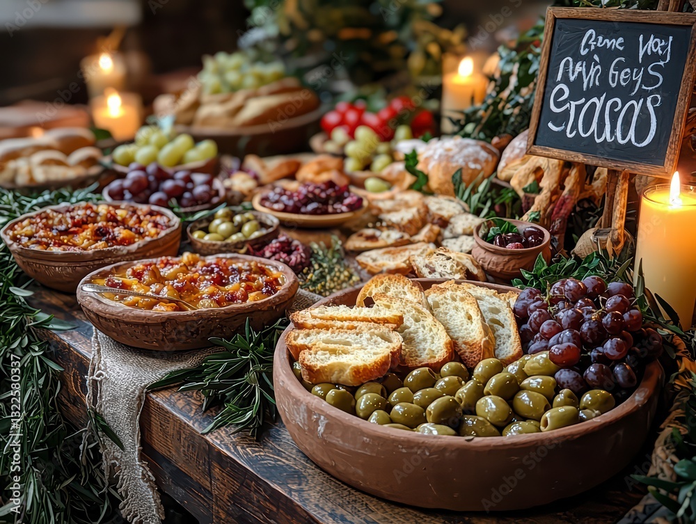 Obraz premium Gourmet Feast with Olives and Grapes: A stunning gourmet arrangement with olives and grapes, the centerpiece of a rustic table. Candles casting a warm glow.