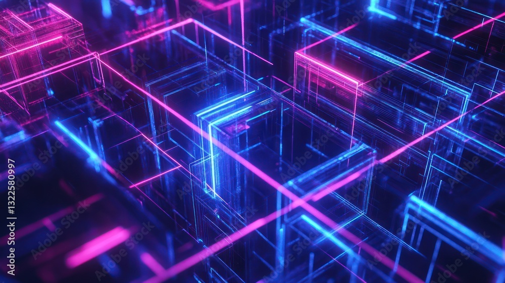 Obraz premium Show a digital, abstract grid design in deep blue tones, with glowing neon blue lines cutting through the grid for a high-tech feel