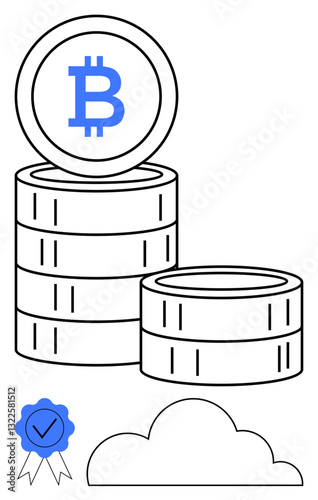 Pile of coins featuring a Bitcoin logo paired with certification ribbon and cloud silhouette. Ideal for cryptocurrency, blockchain, investment, finance, digital currency, technology, decentralized