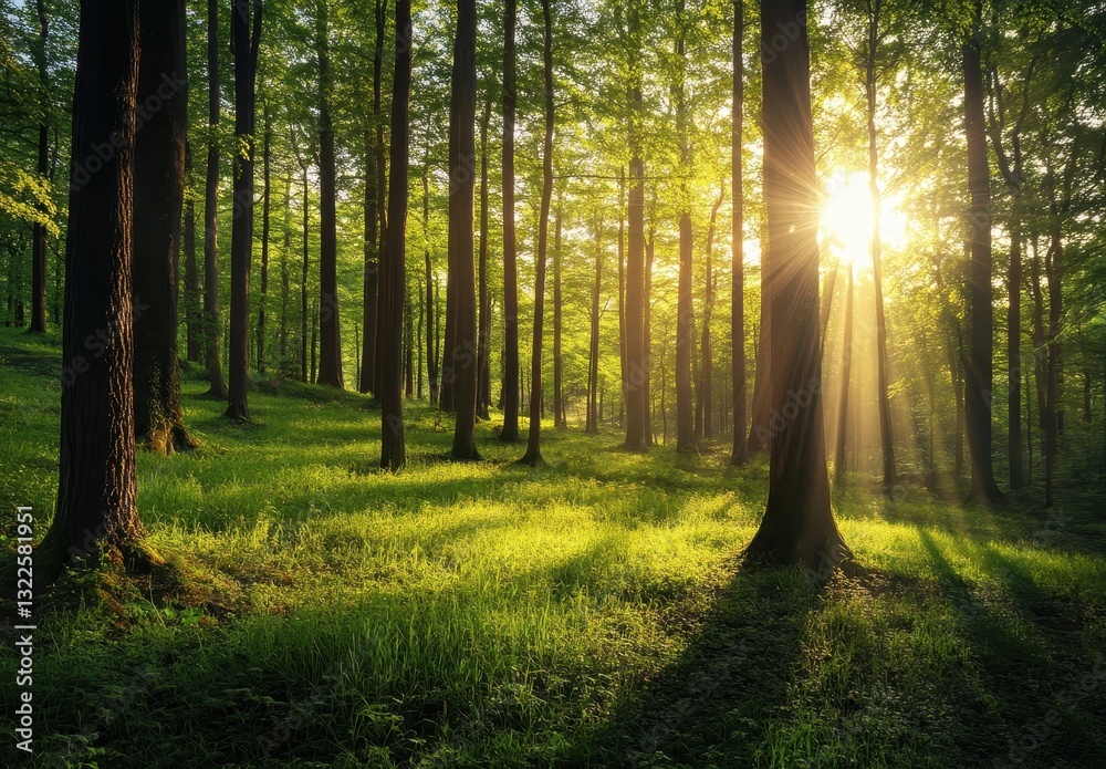 Obraz premium Serene Forest Scene with Sunlight Filtering Through Green Leaves in a Peaceful Nature Setting at Dawn or Dusk