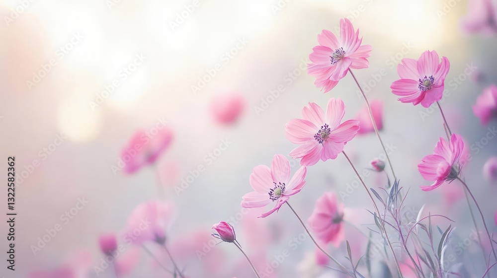 Fototapeta premium Delicate pink cosmos flowers gracefully swaying in a soft breeze