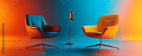 Interview Setup: Two vibrant armchairs face each other with a classic microphone stand, bathed in dynamic lighting, suggesting an upcoming conversation or broadcast