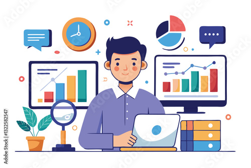 Data analyst oversees and governs income, expenses with magnifier. Financial management system, finance software, IT management tool concept