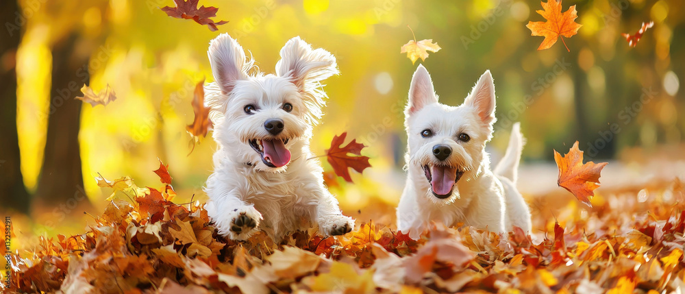 Happy dogs playing in pile of autumn leaves, enjoying vibrant colors and joyful atmosphere Happy dogs playing in pile of autumn leaves, enjoying vibrant colors and joyful atmosphere