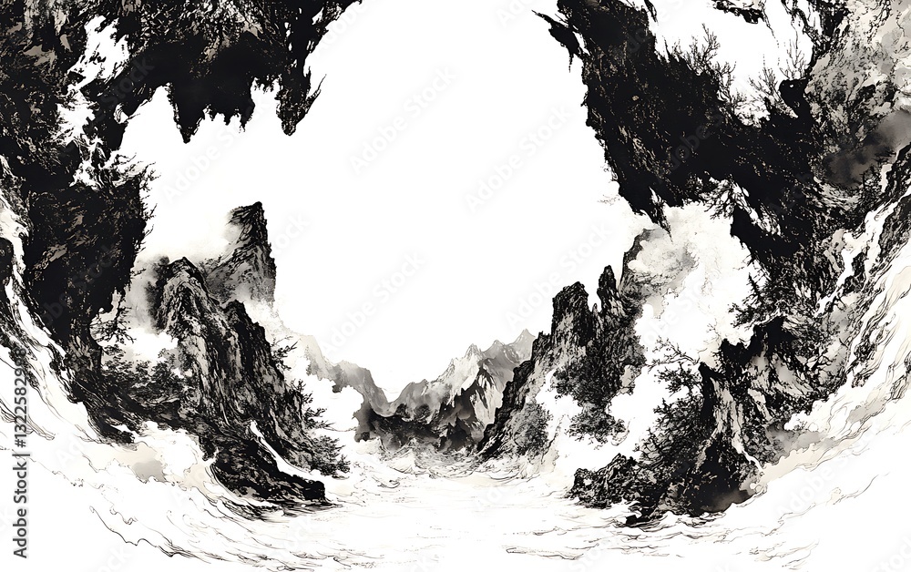 Fototapeta premium Ink painted mountain range scenery with artistic ethereal presentation
