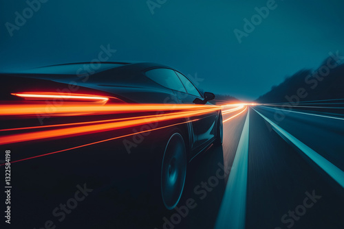 Schnelle Autofahrt auf der modernen Straße bei Nacht mit Lichteffekten

