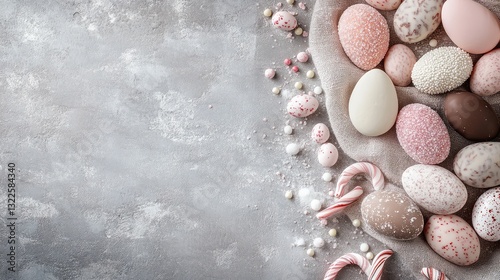 Close-up of pastel-colored sugar-coated candies, chocolate eggs, and candy canes, scattered across a soft linen napkin, playful and festive, with copy space.