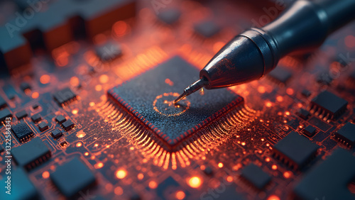 Macro shot of microchip manufacturing. Silicon wafer etching process. High-detail colorful illustration. Ultra-realistic technology imagery.