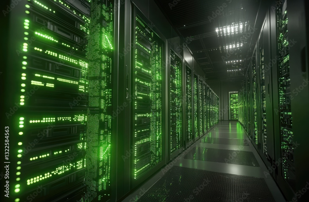 Server room illuminated by glowing green lights Server room illuminated by glowing green lights