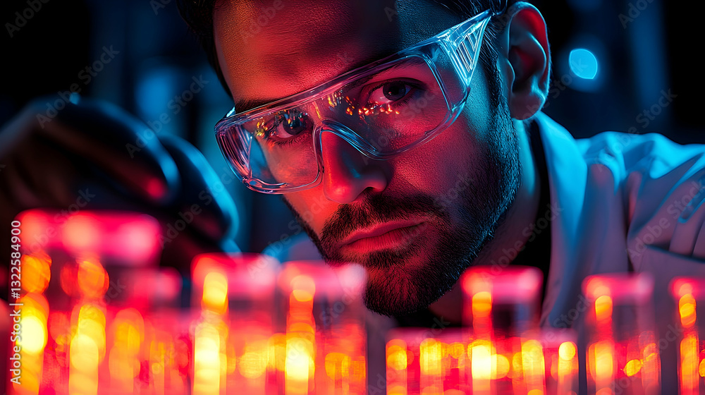 Intense laboratory research: A scientist in safety goggles analyzes samples Intense laboratory research: A scientist in safety goggles analyzes samples