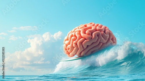 Surreal brain riding a wave in a vibrant sky.