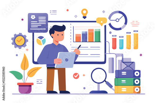 Data analyst oversees and governs income, expenses with magnifier. Financial management system, finance software, IT management tool concept