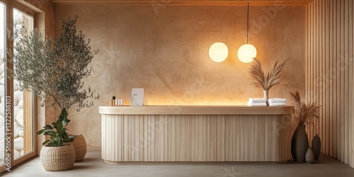A welcoming spa reception with plants and wooden fixtures