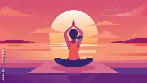Sunset yoga by the ocean the orangepink hues of the sky reflecting off the gentle waves creating a peaceful and picturesque setting for stretching and relaxation.. Vector illustration