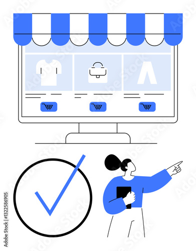 Digital storefront showcasing products thumbs up clothing and bags with shopping cart buttons. Woman pointing towards a large checkmark. Ideal for ecommerce, retail, online purchase, customer