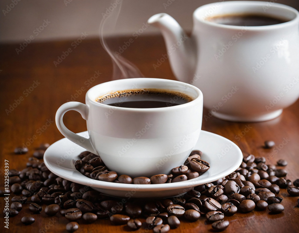 Steaming Hot Black Coffee with Roasted Coffee Beans Steaming Hot Black Coffee with Roasted Coffee Beans