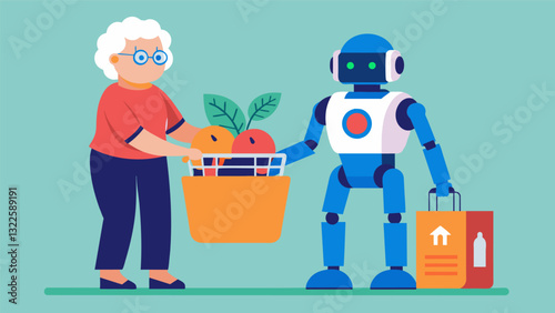 A robot assistant helping an elderly person shop for groceries online making it easier for them to maintain their independence.. Vector illustration