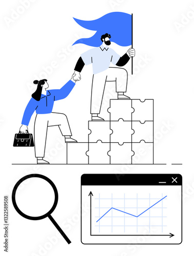 Two individuals collaborate while climbing stacked puzzle pieces, waving success flag, magnifying glass, graph window. Ideal for teamwork, leadership, growth, problem-solving, strategy analysis