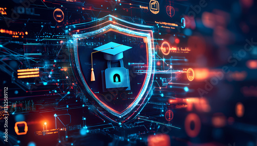 Digital Security Education: A captivating illustration showcasing the digital realm of education, secured within a digital shield, symbolizing protection, safety.